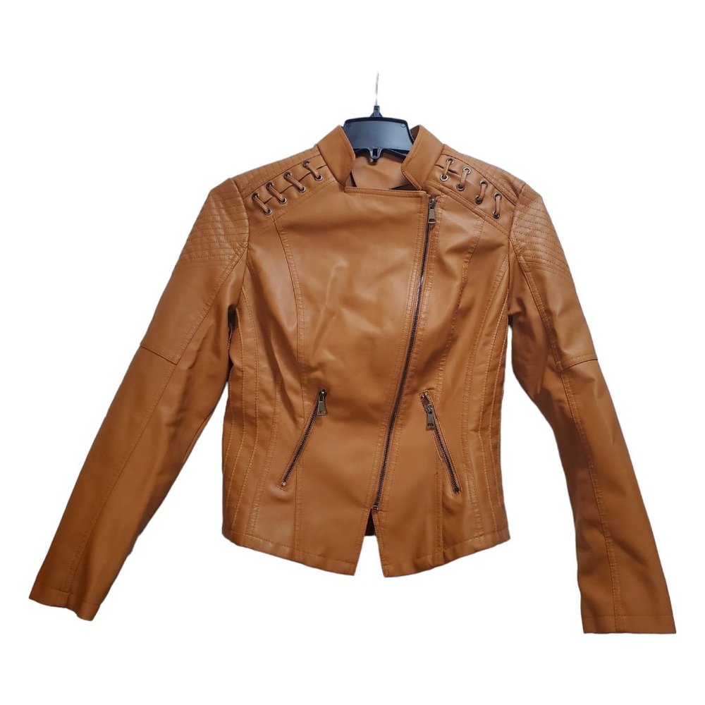 GYK Women's Carmel Size M Stitched-Shoulder Moto Jacket Long Sleeve Zip‎ Pockets